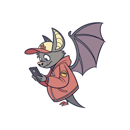Cartoon bat character using smartphone wearing modern street clothesのイラスト素材