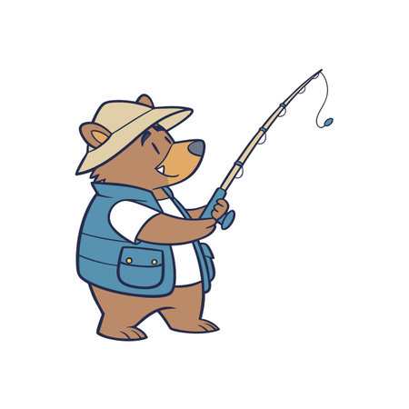 Cartoon bear fishing with a rod and wearing vestのイラスト素材