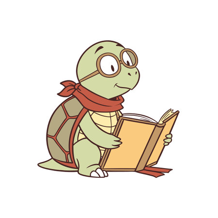 Cartoon turtle wearing glasses reading a book illustrationのイラスト素材