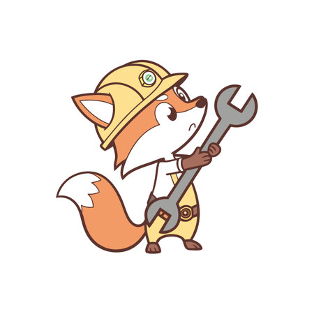 Fox Construction Worker Cartoon Character Holding a Large Wrenchのイラスト素材