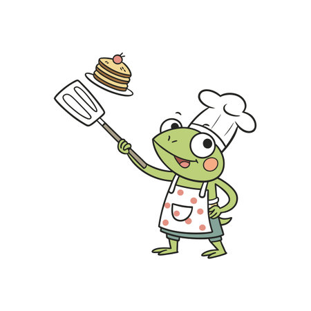 Cartoon frog wearing apron preparing pancake stack with cherryのイラスト素材