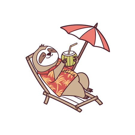 Relaxing sloth on vacation sipping coconut drink on beachのイラスト素材