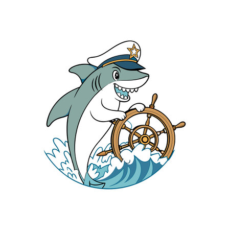 Cartoon shark captain steers ship wheel on ocean wavesのイラスト素材
