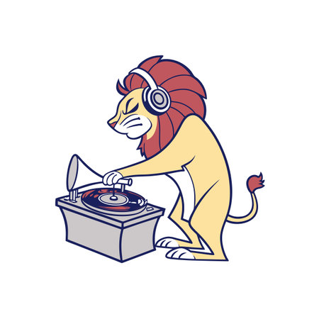 Cartoon lion DJ with headphones playing a recordのイラスト素材