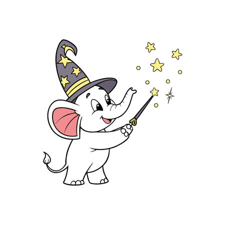Cartoon Elephant Wizard Casting Magic Spells with Starry Wandのイラスト素材