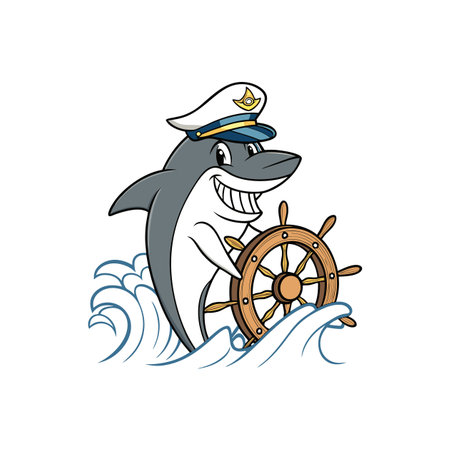 Cartoon shark captain steering ship wheel on ocean wavesのイラスト素材