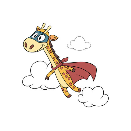 Cartoon Super Giraffe Flying Through Clouds with a Capeのイラスト素材