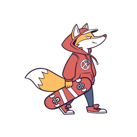 Cartoon fox with skateboard and hoodie walks forward proudlyのイラスト素材