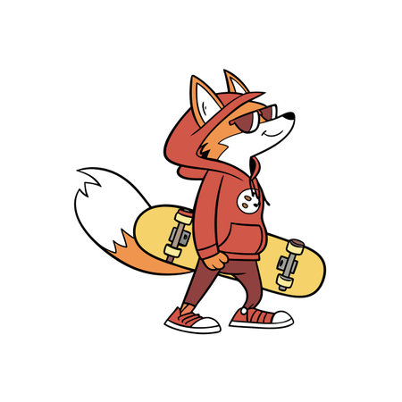 Cartoon fox character with skateboard and hoodie illustrationのイラスト素材