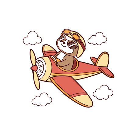 Cartoon Sloth Aviator Flying Plane through Fluffy White Cloudsのイラスト素材