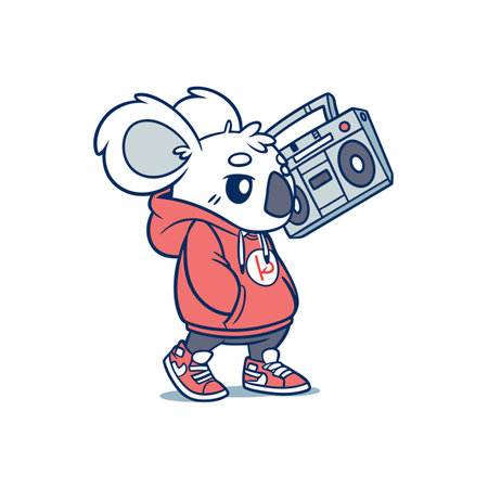 Cartoon Koala with Boombox Wearing Hoodie Walking Coollyのイラスト素材