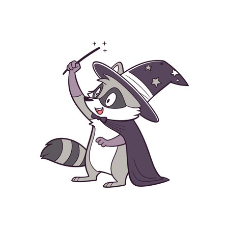 Cartoon raccoon wizard casting spell with wand and starsのイラスト素材