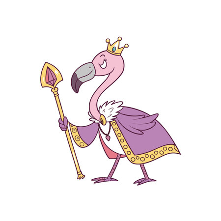 Cartoon flamingo queen with crown and scepter illustrationのイラスト素材