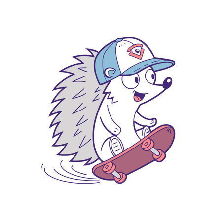 Cartoon hedgehog skateboarding with a cap, quirky happy characterのイラスト素材