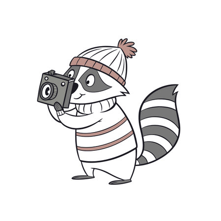 Cartoon raccoon wearing winter hat holding a camera illustrationのイラスト素材