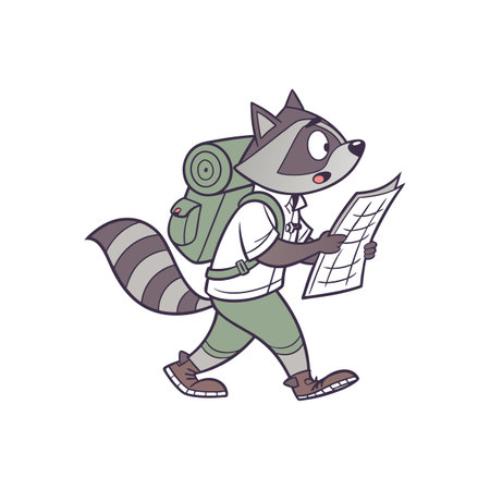 Cartoon raccoon character hiking and reading a mapのイラスト素材