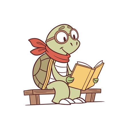 Cartoon turtle reading a book on a wooden benchのイラスト素材
