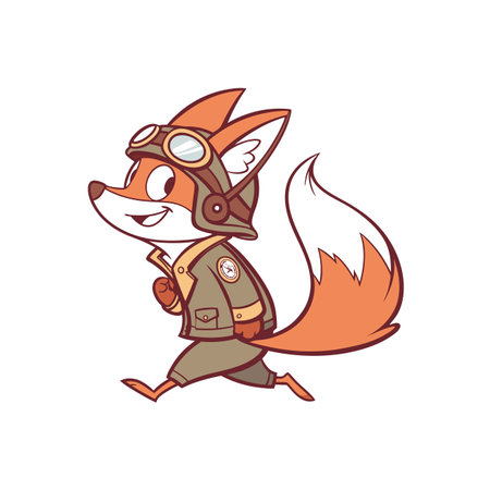 Cartoon fox aviator running with goggles and pilot jacketのイラスト素材