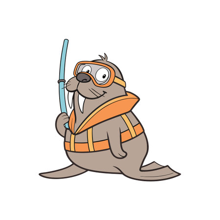 Cartoon walrus scuba diving with snorkel illustration on whiteのイラスト素材