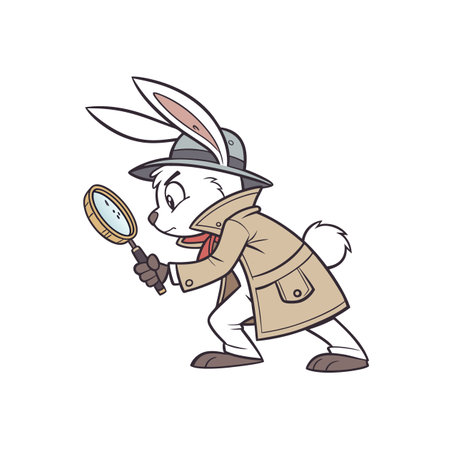 Cartoon rabbit detective with magnifying glass searching for cluesのイラスト素材
