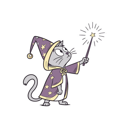 Cartoon cat wizard casting a spell with magic wandのイラスト素材