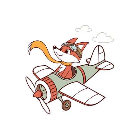 Cartoon fox pilot flying a vintage airplane through cloudsのイラスト素材