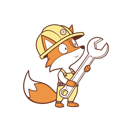 Cartoon fox mascot construction worker holding wrench illustrationのイラスト素材