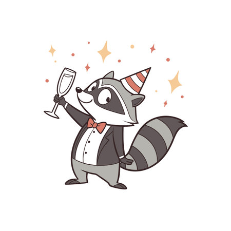 Festive raccoon celebrating with a champagne glass illustrationのイラスト素材