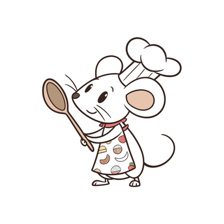 Cartoon mouse chef holding spoon isolated on white backgroundのイラスト素材