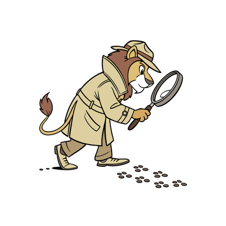 Cartoon Lion Detective Following Footprints with Magnifying Glassのイラスト素材