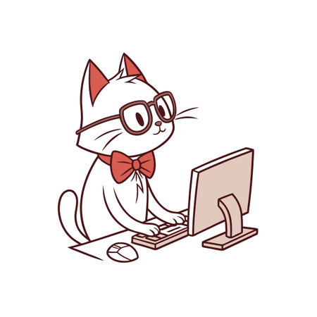 Cartoon cat wearing glasses working on a computerのイラスト素材
