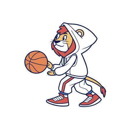 Lion mascot cartoon playing basketball in modern streetwear attireのイラスト素材