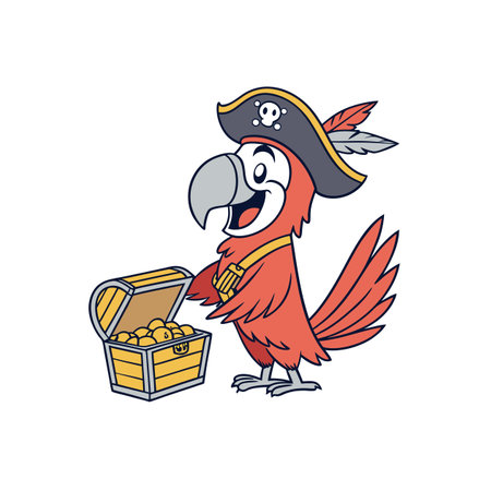 Cartoon parrot dressed as pirate standing next to treasure chestのイラスト素材