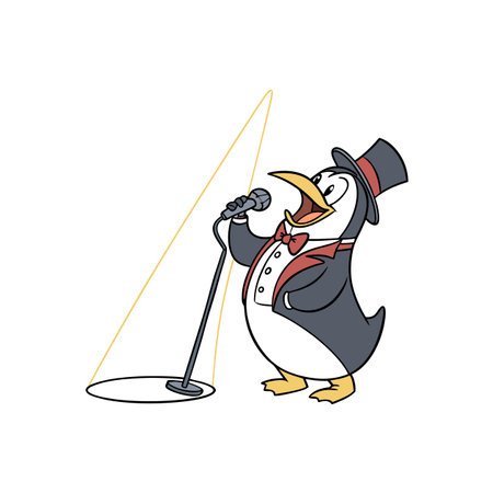 Cartoon penguin performer singing into microphone with top hatのイラスト素材
