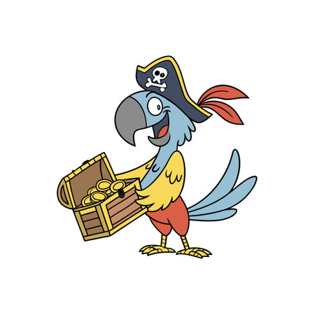 Joyful pirate parrot with treasure chest and pirate hatのイラスト素材