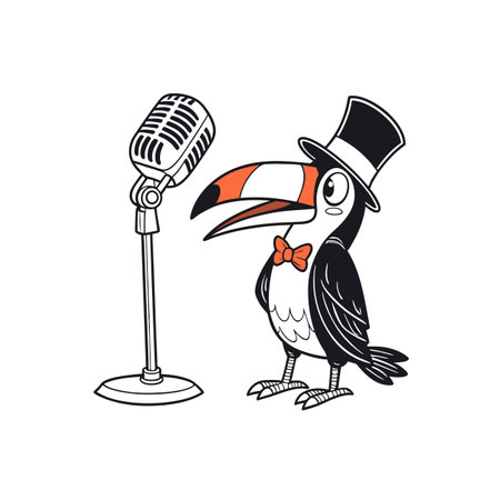Cartoon toucan wearing top hat singing on microphoneのイラスト素材