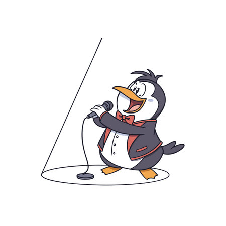 Cartoon penguin in tuxedo singing with microphone on stageのイラスト素材