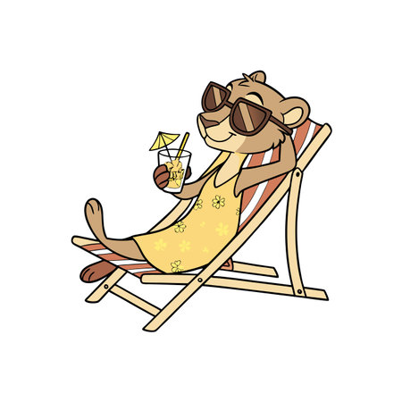 Cartoon lion enjoying tropical cocktail relaxing on beach chairのイラスト素材