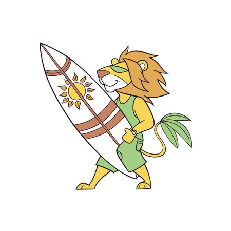 Cartoon lion with surfboard ready for summer vacation funのイラスト素材