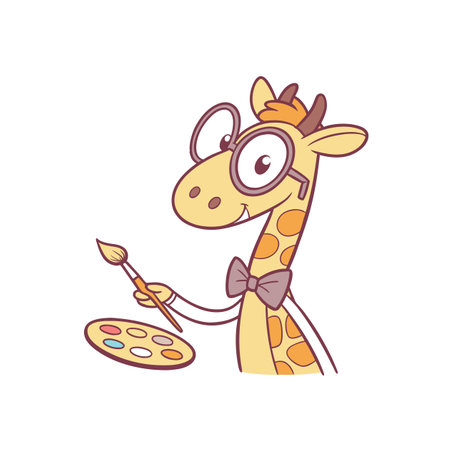 Cartoon giraffe artist with painting palette and paintbrush vectorのイラスト素材