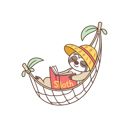 Cute sloth reading a book in a hammock cartoonのイラスト素材