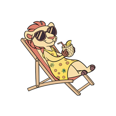 Cartoon lion lounging with cocktail on summer beach vacationのイラスト素材
