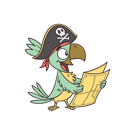Cartoon pirate parrot holding treasure map looking for goldのイラスト素材