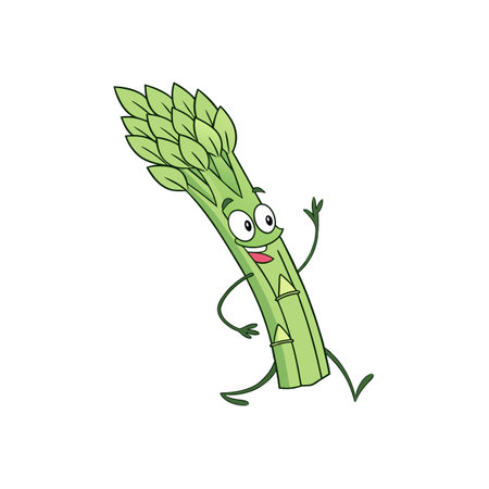 Cheerful asparagus cartoon character waving and walking happily forwardのイラスト素材