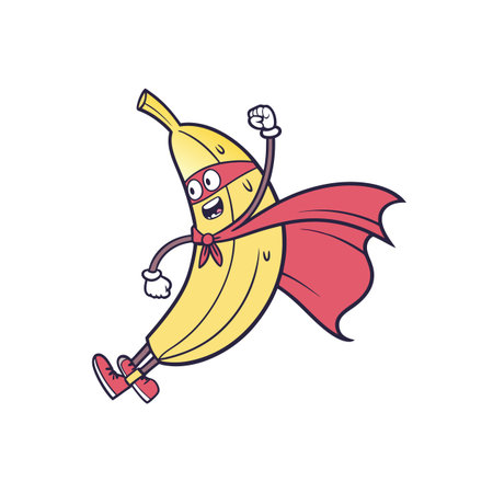 Cartoon banana character in superhero costume flying upwardsのイラスト素材