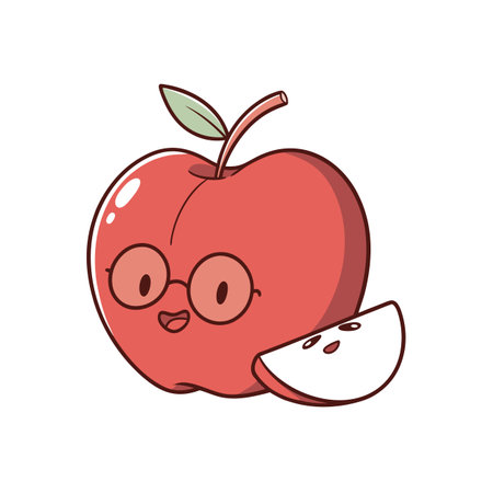 Funny cartoon apple character with glasses and sliceのイラスト素材