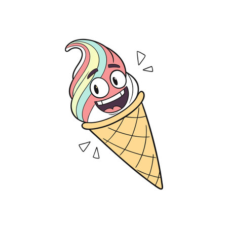 Smiling cartoon ice cream cone with colorful swirlのイラスト素材