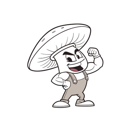 Cartoon mushroom flexing muscles and wearing overalls illustrationのイラスト素材