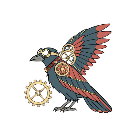 Steampunk raven with goggles and gears in flight illustrationのイラスト素材