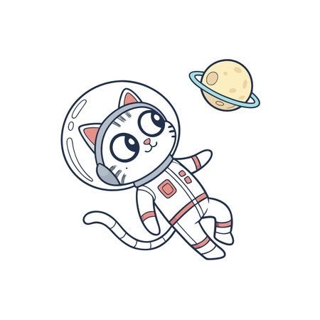 Cartoon cat astronaut explores the cosmos near a planetのイラスト素材